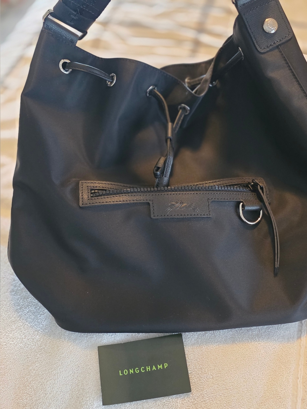 Longchamp Black Nylon Drawstring Hobo Bag